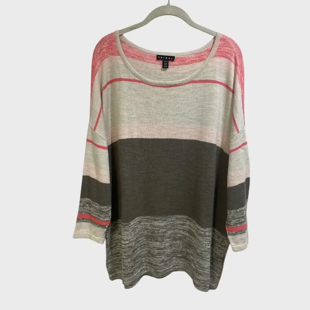 Tribal Women Pullover Sweater Beige Green Pink Striped Scoop Neck Size XL - Picture 4 of 8